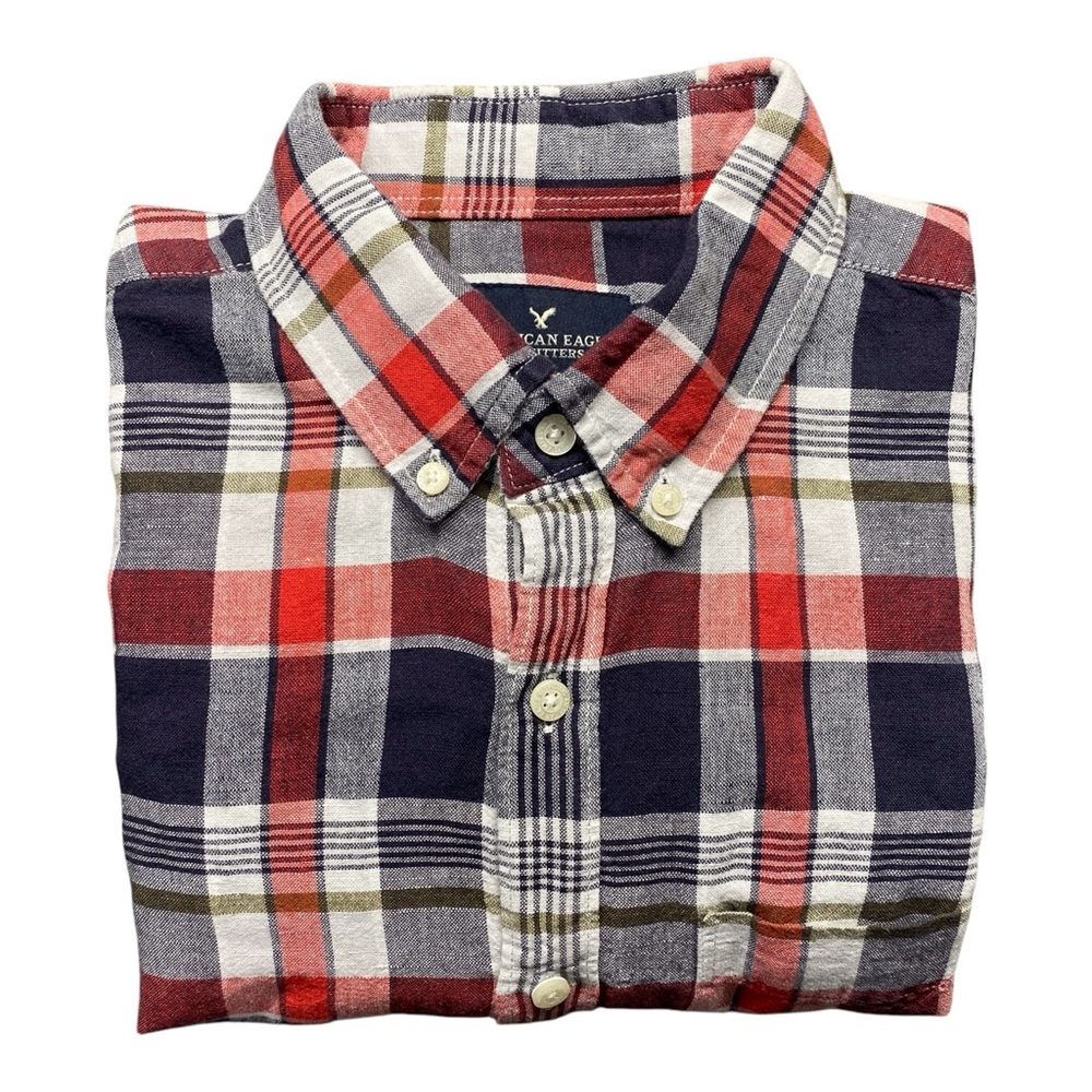 American Eagle Plaid Shirt Long Sleeve Button Up Red Blue Linen Men’s Size M